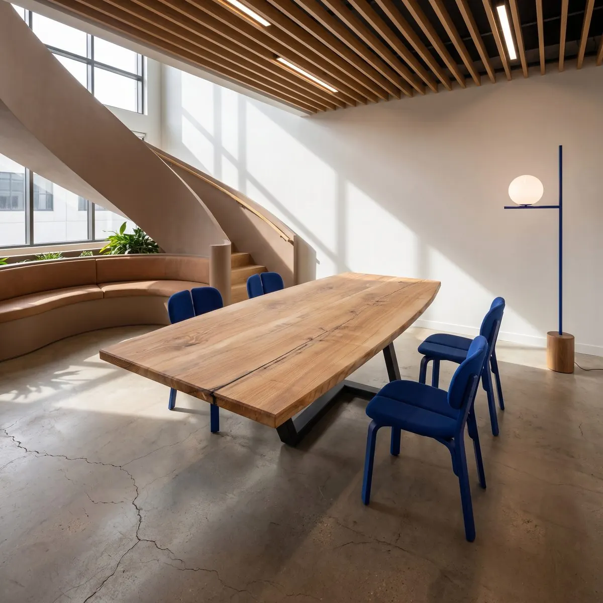 Maatwerktafel bij een gebogen zitbank in een architectonische ruimte