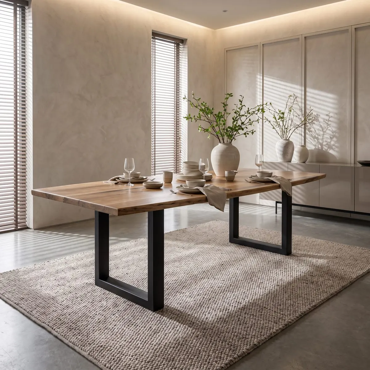 Gedekte eettafel van massief hout met keramiek en droogbloemen