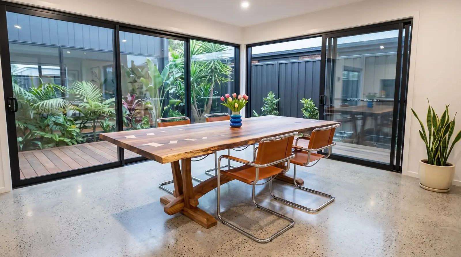 Massief houten eettafel bij openslaande deuren met uitzicht op een binnentuin